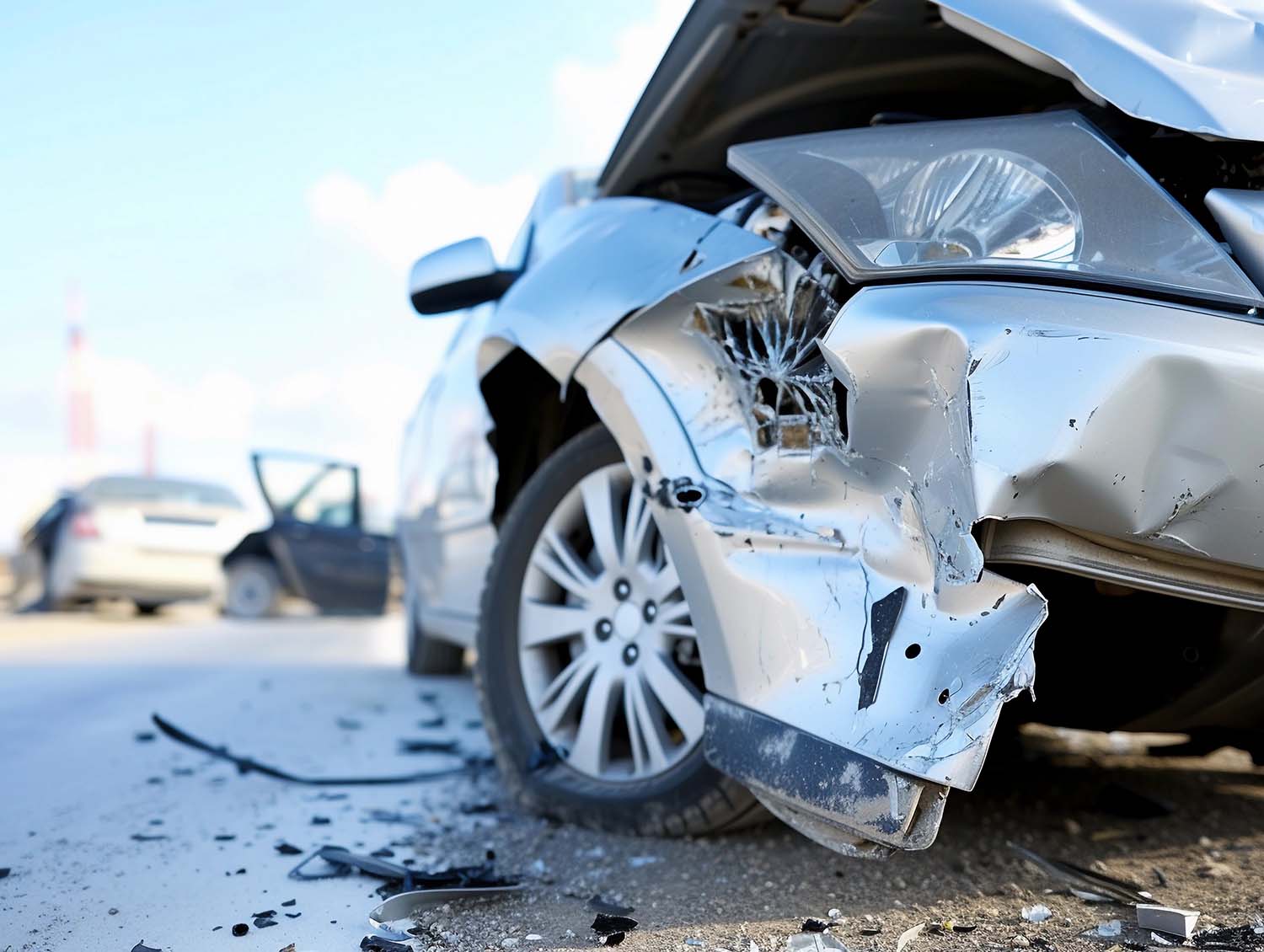 Close-up of a car damaged in a traffic collision.