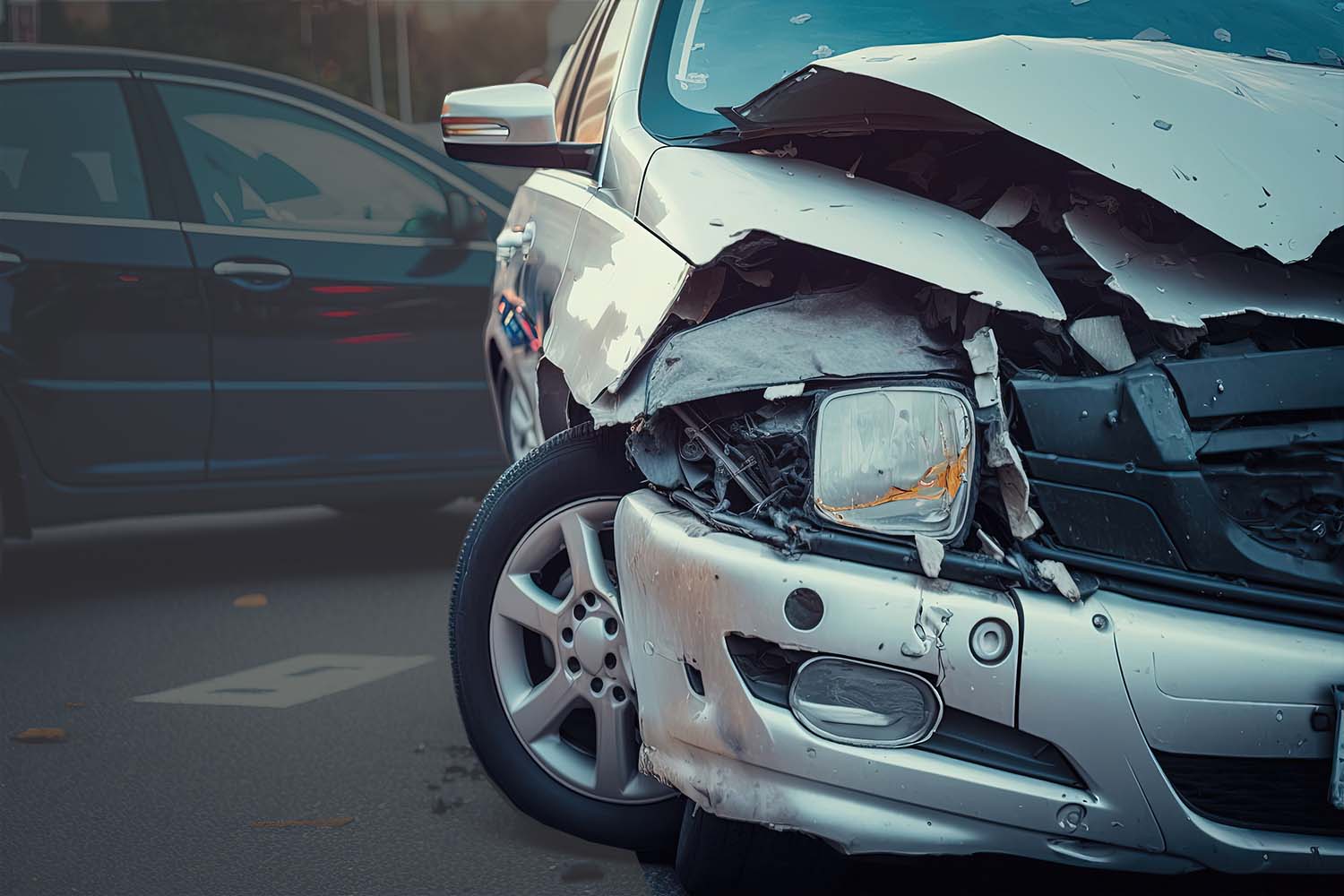 A broken car after an accident, with visible dents, scratches, and shattered glass. Generative AI