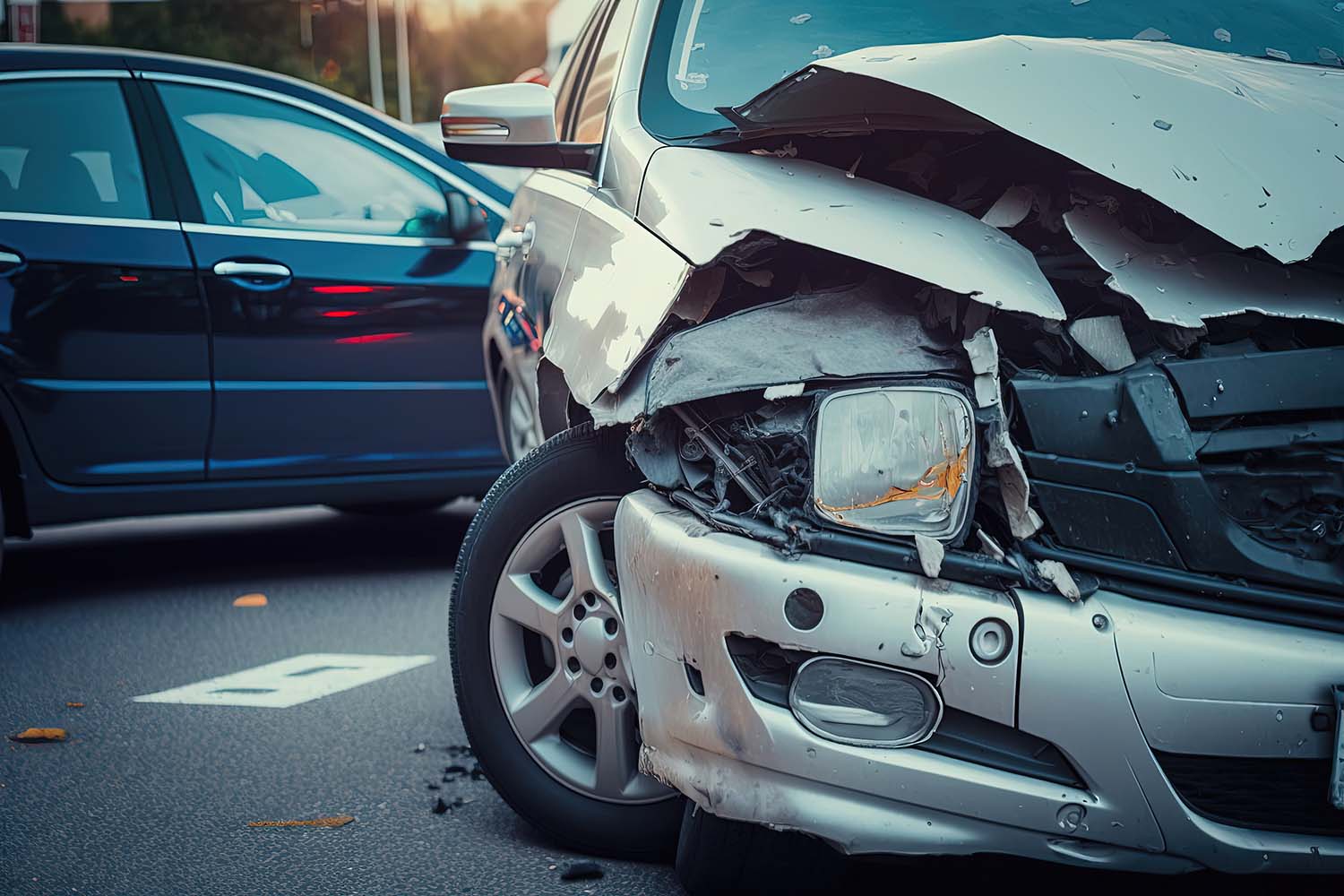 A broken car after an accident, with visible dents, scratches, and shattered glass. Generative AI